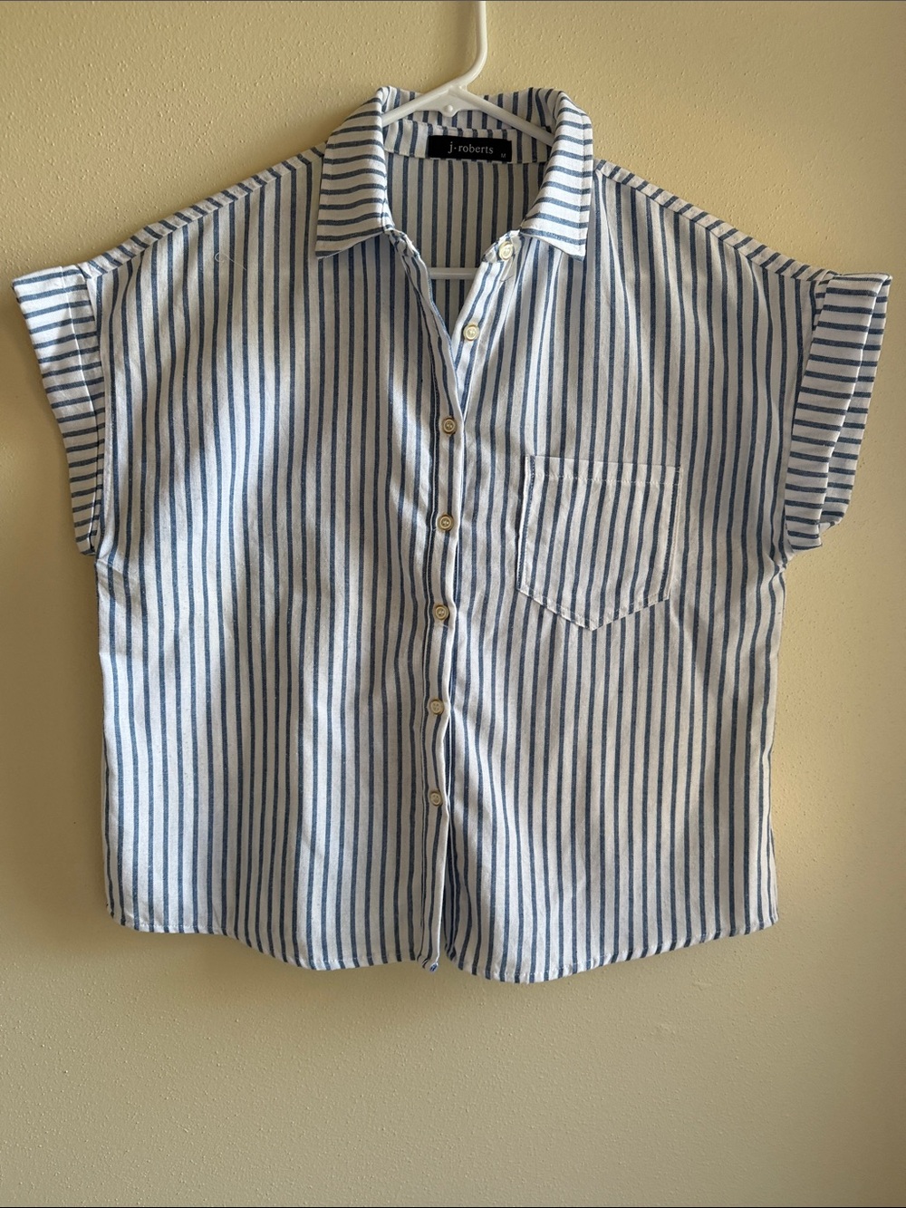 Blue and White Striped Short Sleeve Button-Up Top